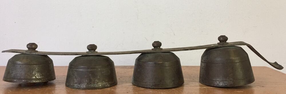 Vtg Antique Primitive Rustic Virginia Farm Distressed Metal Strap Cow Bells 17"